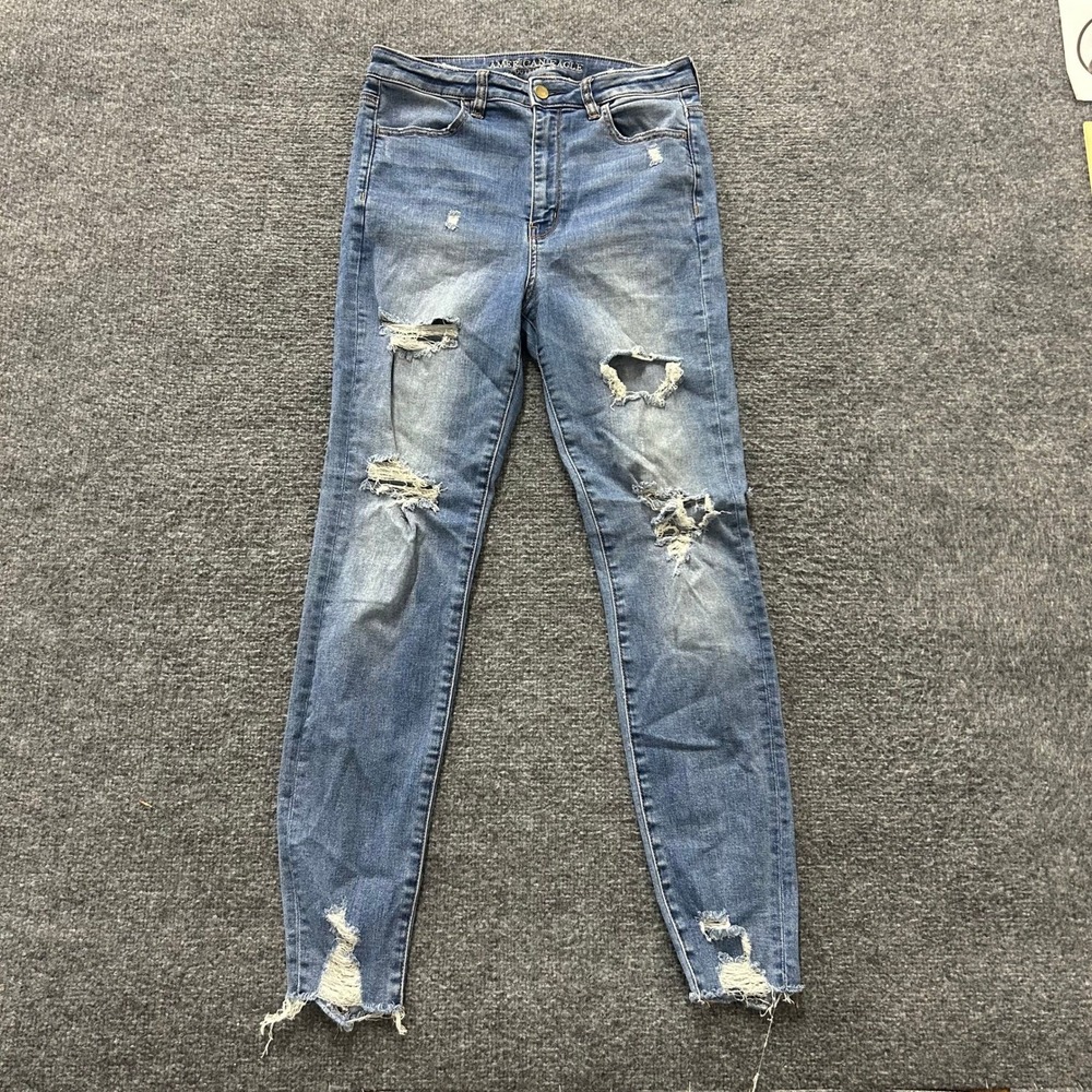 American Eagle Jeans Womens Size 8 Blue Distressed Skinny High Rise Frayed Hem